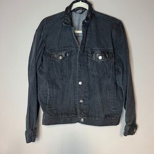 Vintage 80s - 90s Black Denim Jacket Bomber w/ Faux Leather Detail